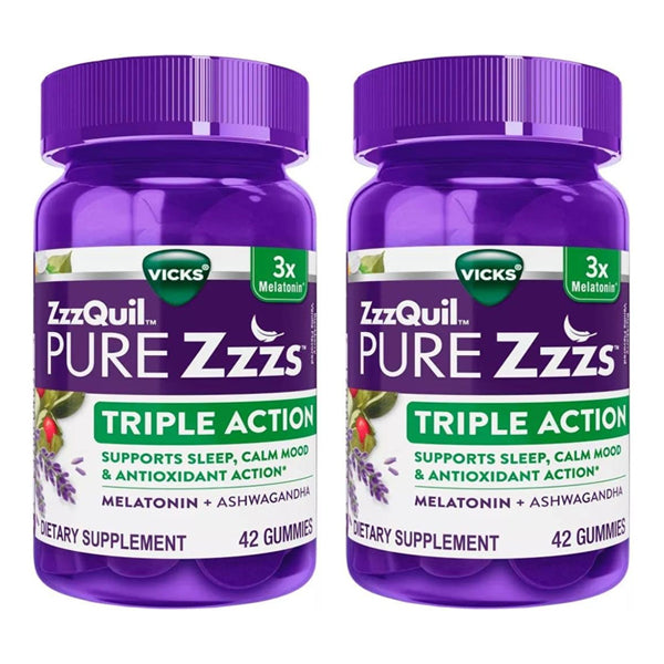 Vicks 2 Pack ZzzQuil Pure Zzzs Triple Action Gummy Melatonin Sleep Supplement, 42ct each, combines melatonin and ashwagandha to support restful sleep, mood balance, and antioxidant benefits for wellness.
